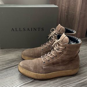 AllSaints Kip plain toe lace up boot in taupe suede (with box)